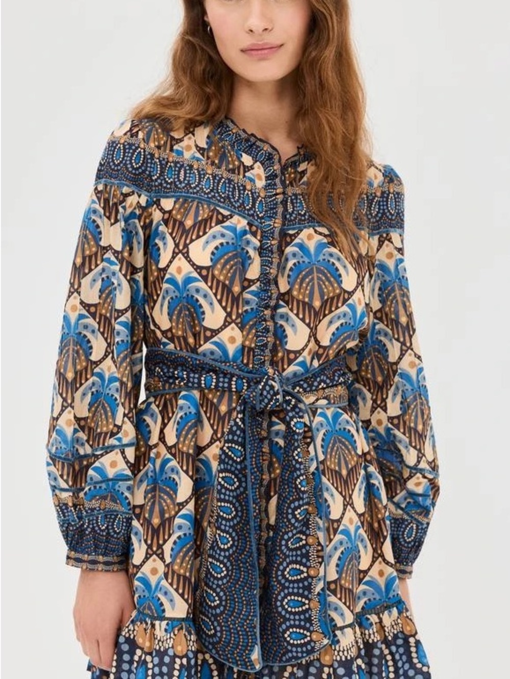 FARM Rio Blue, Cream & Brown Long Sleeve Printed Maxi Dress